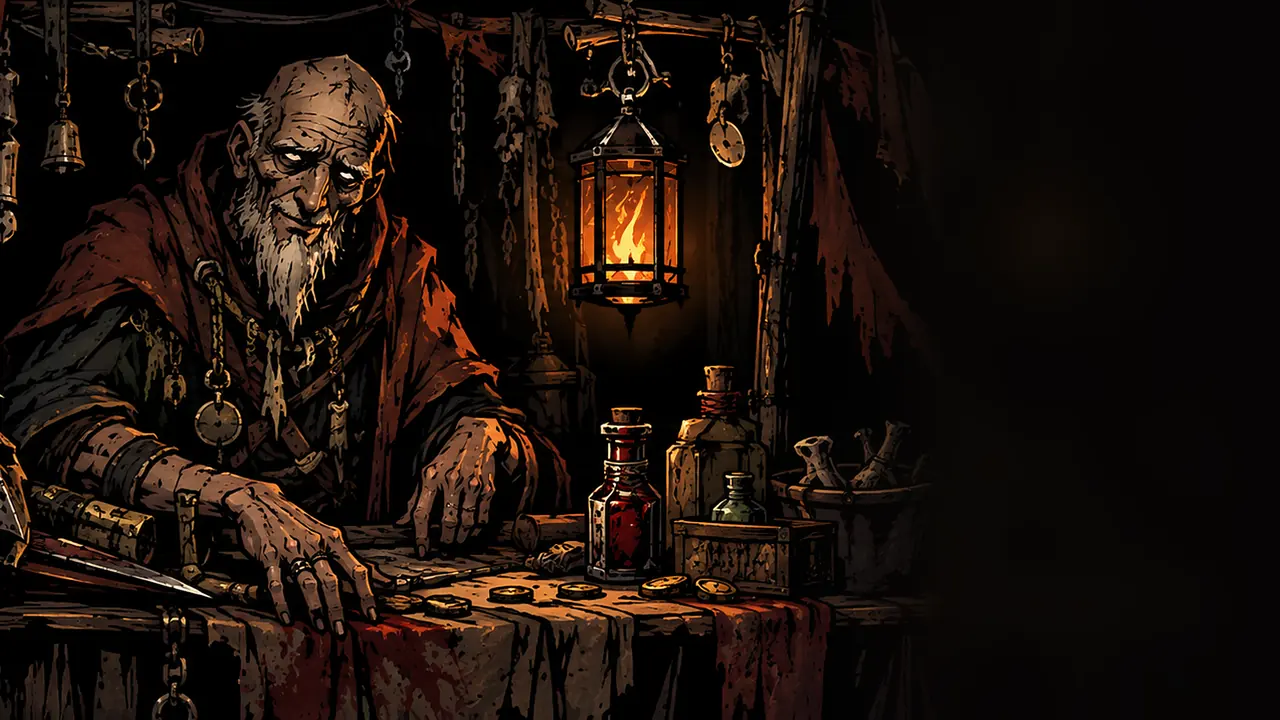 A hooded, grinning Vendor behind a candlelit stall of potions, blades and coins.