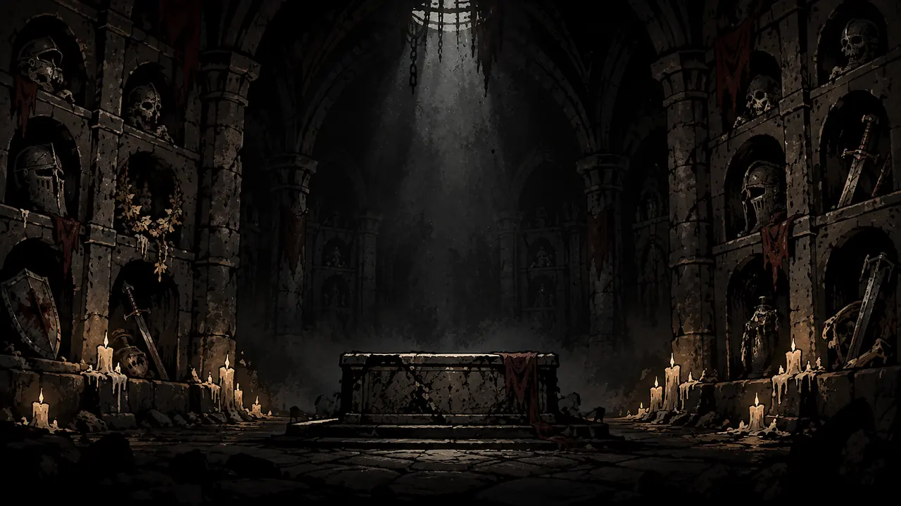A candlelit crypt of helmets and swords, a stone altar under a single shaft of light.